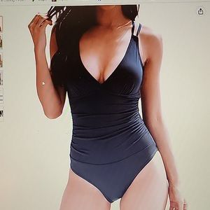 KI Laphee black one piece swimsuit ruched tummy control Crisscross back XXL NEW